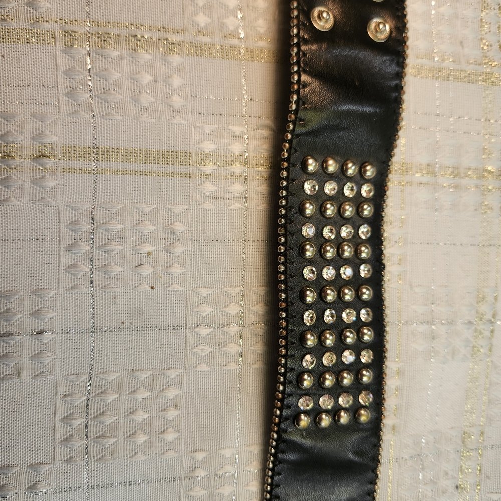 Source Unknown Black Faux Leather Studded Bracelet with Clear Rhinestones